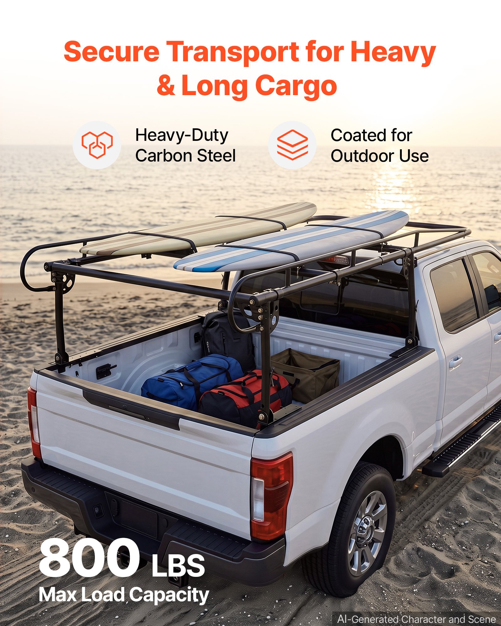 VEVOR Truck Ladder Rack 800LBS Capacity Universal Over-Cab Trucks Bed Rack, 43.3"-63" Width Adjustable for Kayak Surfboard Lumber, Non-Drilling/Drilling Installation, Fits Short-Bed & Long-Bed Trucks