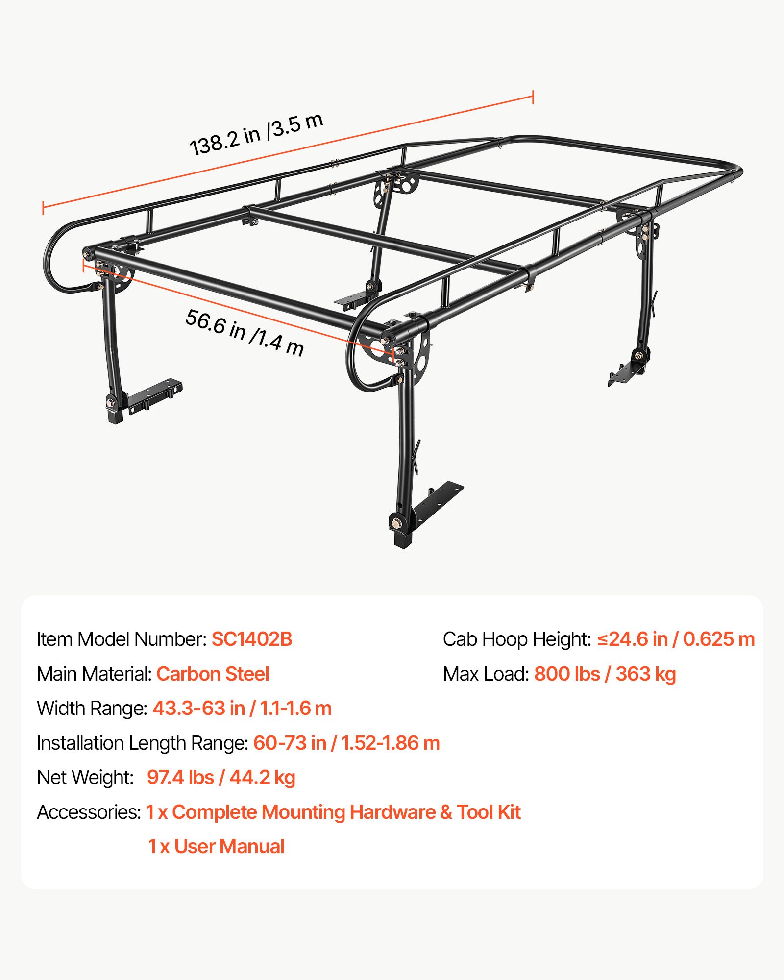 VEVOR Truck Ladder Rack 800LBS Capacity Universal Over-Cab Trucks Bed Rack, 43.3"-63" Width Adjustable for Kayak Surfboard Lumber, Non-Drilling/Drilling Installation, Fits Short-Bed & Long-Bed Trucks