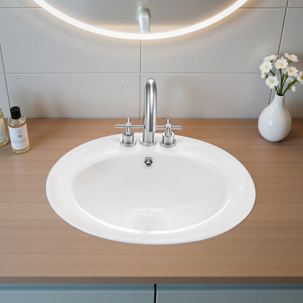 VEVOR Semi Recessed Bathroom Sink, 485 x 425 mm Oval White Ceramic Vessel Sink with Overflow Hole and 3 Faucet Holes, Drop in Modern Lavatory Vanity Bath Wash Bowl Basin for Bathroom Small Spaces