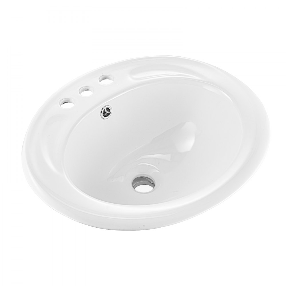 VEVOR Semi Recessed Bathroom Sink, 485 x 425 mm Oval White Ceramic Vessel Sink with Overflow Hole and 3 Faucet Holes, Drop in Modern Lavatory Vanity Bath Wash Bowl Basin for Bathroom Small Spaces