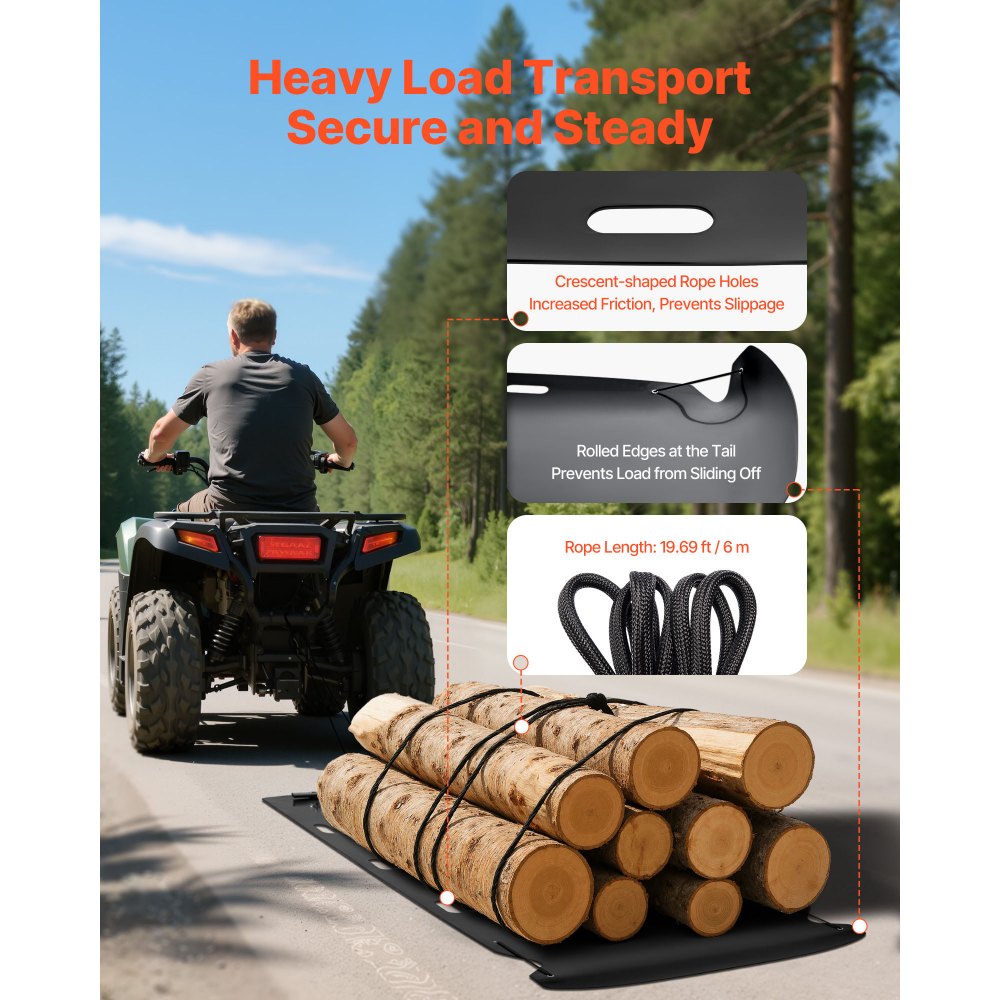 VEVOR Yard Drag Sled, 280 x 117.5 cm, 907 kg Heavy Duty Utility Sled, HDPE Drag Glider with Ropes & Pull Cable, Dual Use Game Hauler for Firewood Ice Fishing, Compatible with ATVs UTVs Tractors