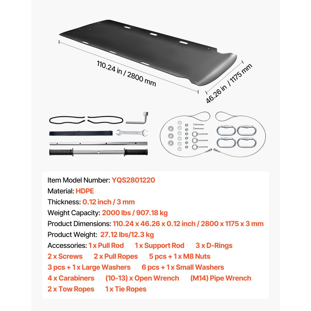VEVOR Yard Drag Sled, 280 x 117.5 cm, 907 kg Heavy Duty Utility Sled, HDPE Drag Glider with Ropes & Pull Cable, Dual Use Game Hauler for Firewood Ice Fishing, Compatible with ATVs UTVs Tractors