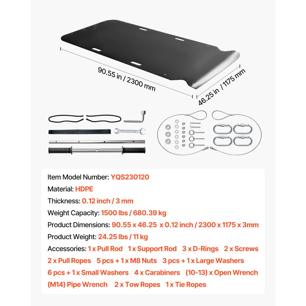 VEVOR Yard Drag Sled, 230 x 117.5 cm, 680 kg Heavy Duty Utility Sled, HDPE Drag Glider with Ropes & Pull Cables, Hand & Vehicle Use Game Hauler for Firewood Ice Fishing, Compatible with ATVs UTVs Tractors