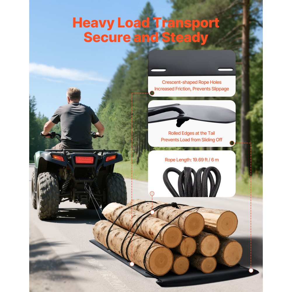 VEVOR Yard Drag Sled, 90 x 46 in, 1500lbs Heavy Duty Utility Sled, HDPE Drag Glider with Ropes & Pull Cables, Hand & Vehicle Use Game Hauler for Firewood Ice Fishing, Compatible with ATVs UTVs Tractors