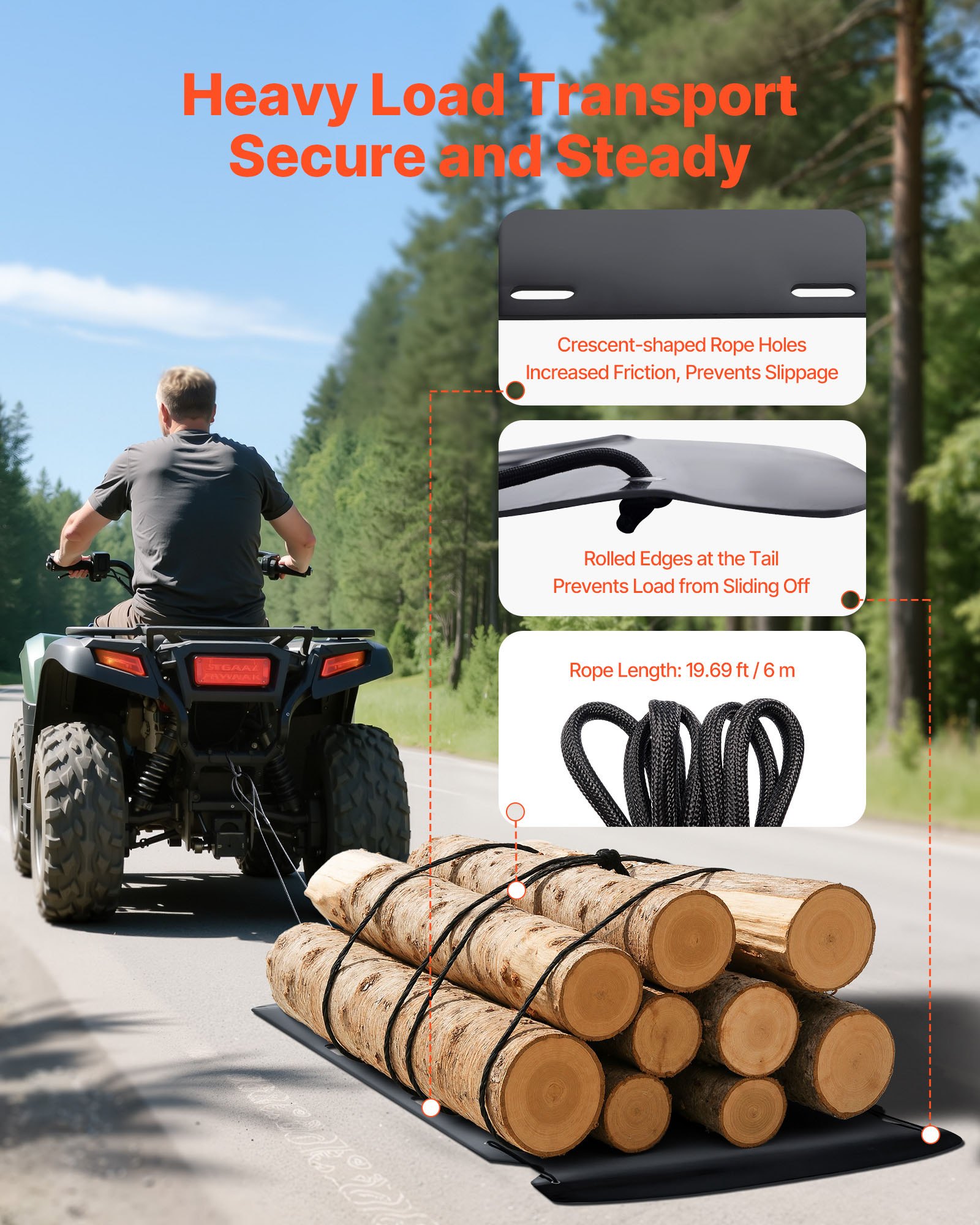 VEVOR Yard Drag Sled, 230 x 117.5 cm, 680 kg Heavy Duty Utility Sled, HDPE Drag Glider with Ropes & Pull Cables, Hand & Vehicle Use Game Hauler for Firewood Ice Fishing, Compatible with ATVs UTVs Tractors