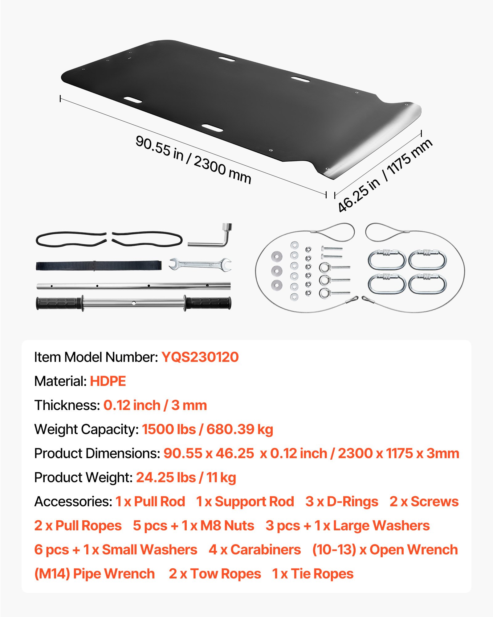 VEVOR Yard Drag Sled, 230 x 117.5 cm, 680 kg Heavy Duty Utility Sled, HDPE Drag Glider with Ropes & Pull Cables, Hand & Vehicle Use Game Hauler for Firewood Ice Fishing, Compatible with ATVs UTVs Tractors