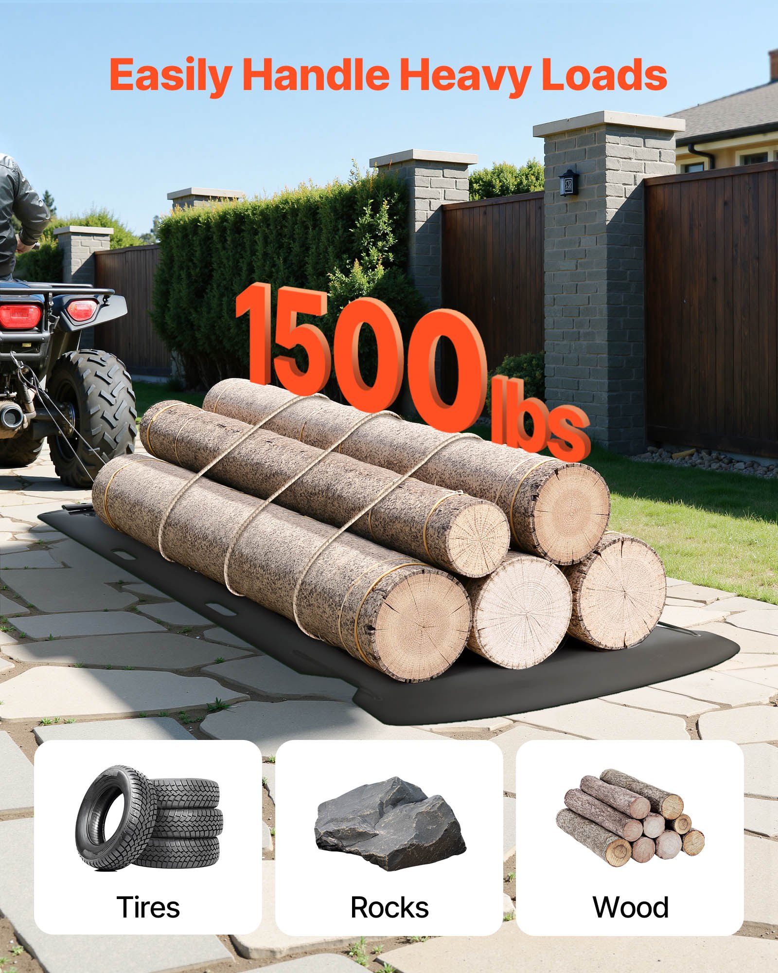 VEVOR Yard Drag Sled, 90 x 46 in, 1500lbs Heavy Duty Utility Sled, HDPE Drag Glider with Ropes & Pull Cables, Hand & Vehicle Use Game Hauler for Firewood Ice Fishing, Compatible with ATVs UTVs Tractors