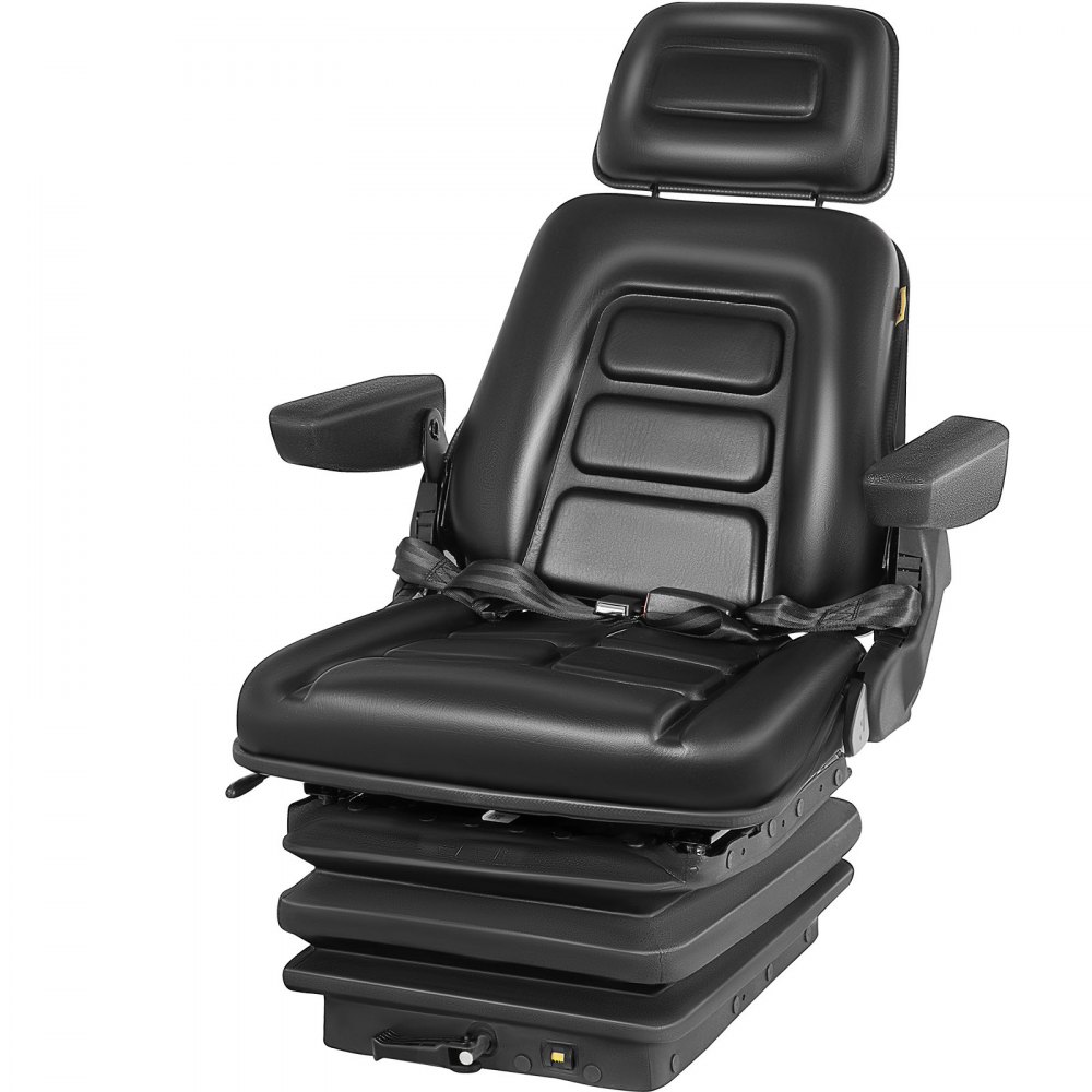 black VEVOR forklift seat with adjustable arms and cushioned backrest.