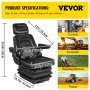 VEVOR forklift seat dimensions with images of compatible machinery: forklift, excavator, tractor.