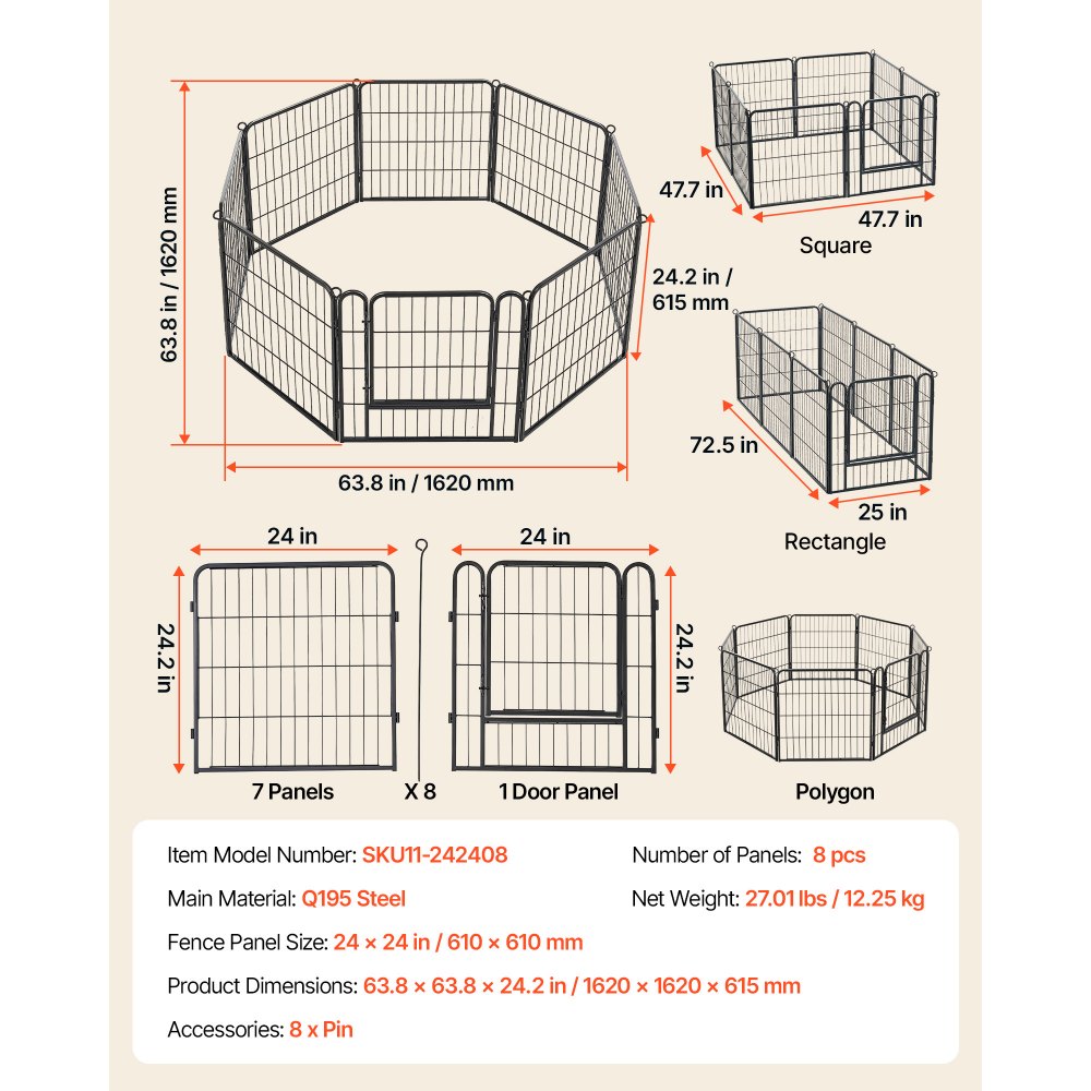 VEVOR Dog Playpen 24 Inch 8 Panels Foldable Metal Exercise Pen Pet Fence, Indoor/Outdoor Heavy Duty Puppy Crate Kennel with Door for Dogs, Cats or Small Animals, Portable for RV Camping, Yard, Black