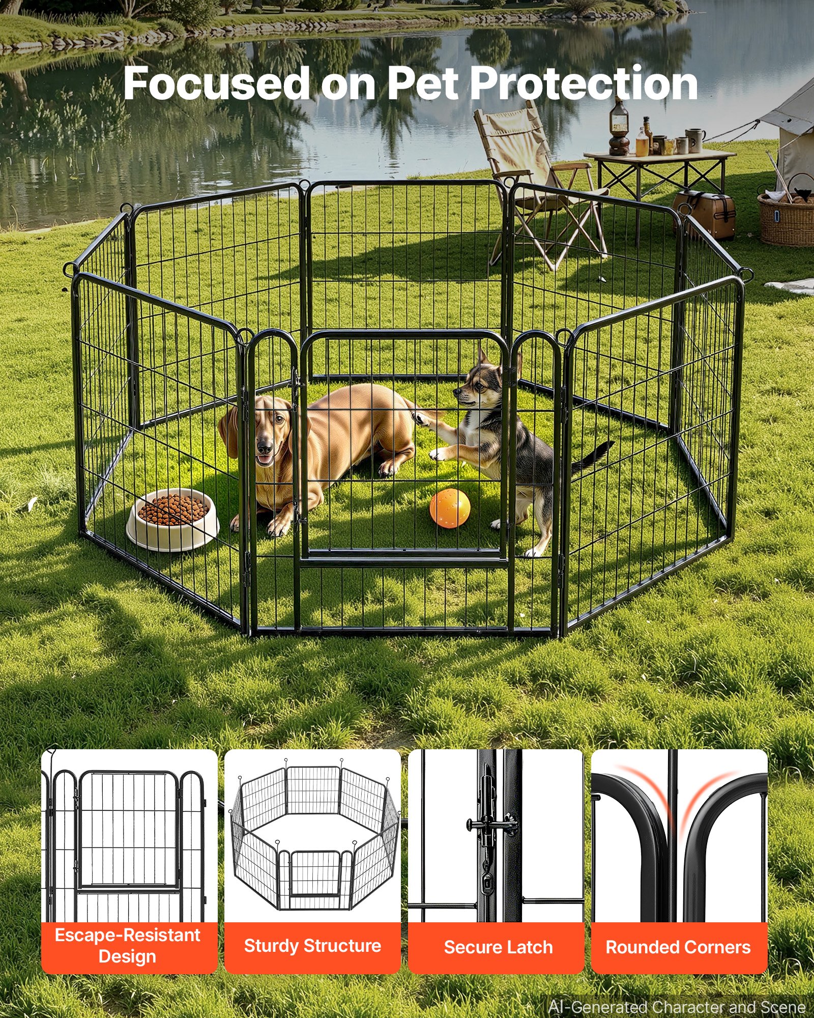 VEVOR Dog Playpen 24 Inch 8 Panels Foldable Metal Exercise Pen Pet Fence, Indoor/Outdoor Heavy Duty Puppy Crate Kennel with Door for Dogs, Cats or Small Animals, Portable for RV Camping, Yard, Black