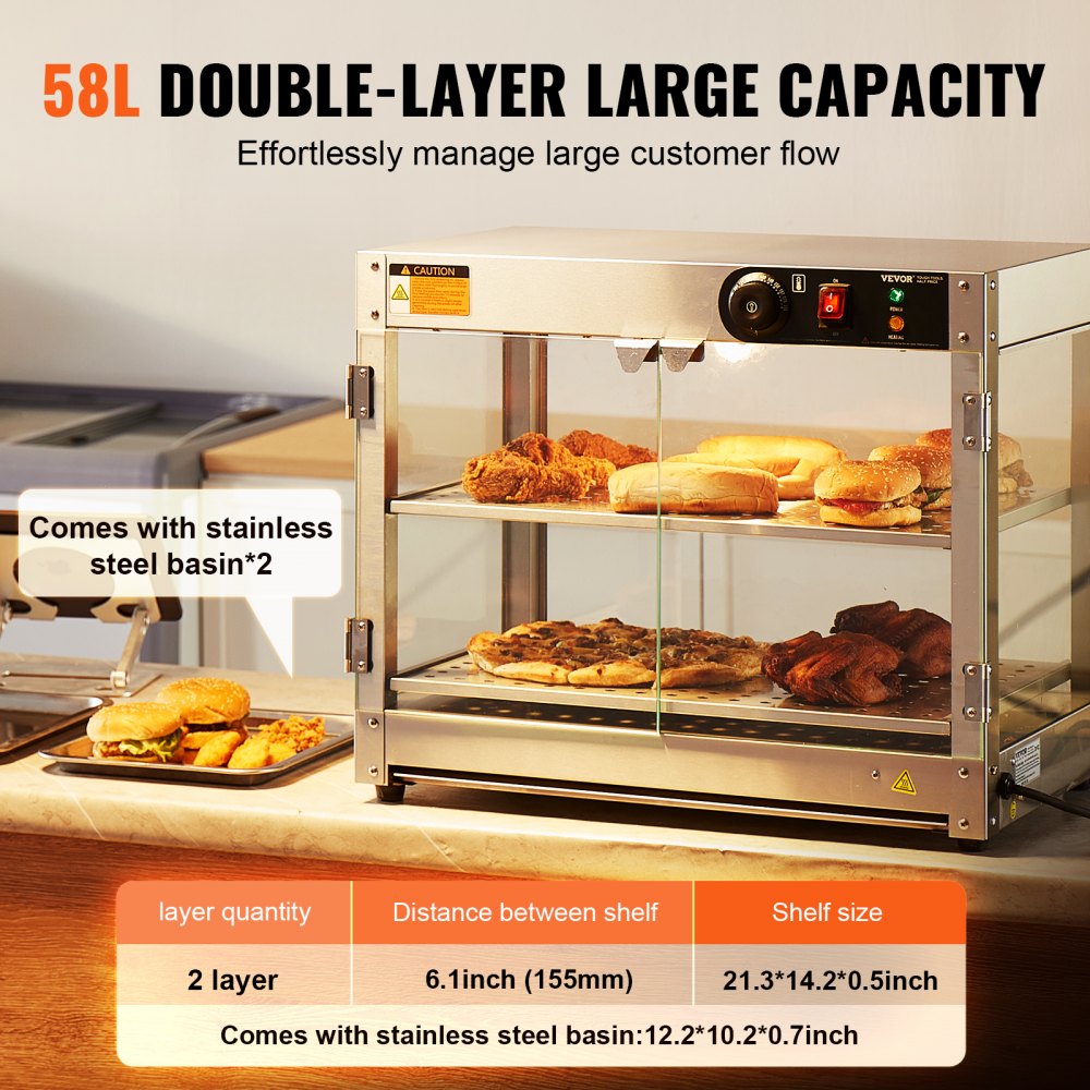 VEVOR 2-Tier Commercial Food Warmer Display, 800W Food Display Warmer with Light to Enhance Food Display, 86℉~185℉ Temperature Control, 58L Large Capacity for Hamburger, Pizza, Bread, Fried Chicken