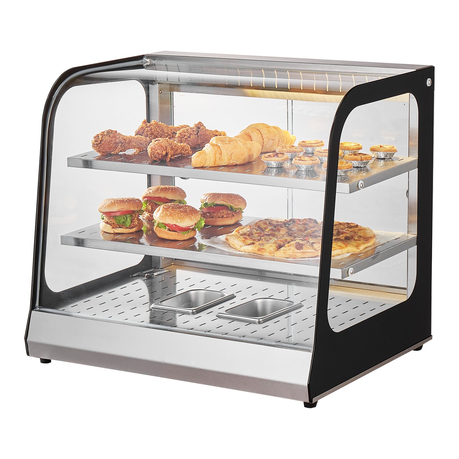 VEVOR 2-Tier Commercial Food Warmer Display, 850W Food Display Warmer w/ Tempered Glass and Steam Heating, 86℉~185℉ Temperature Control, 111L Large Capacity for Hamburger, Pizza, Bread, Fried Chicken