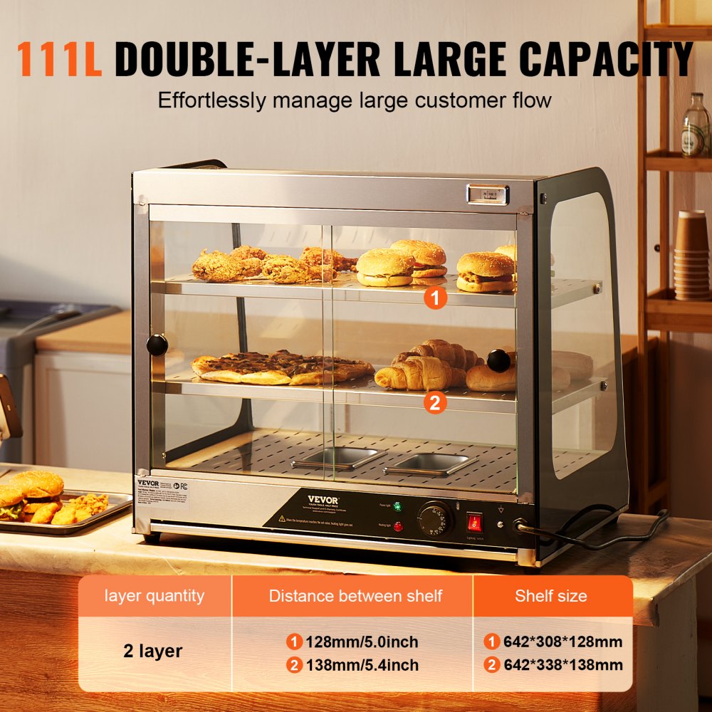VEVOR 2-Tier Commercial Food Warmer Display, 850W Food Display Warmer w/ Tempered Glass and Steam Heating, 30℃~85℃ Temperature Control, 111L Large Capacity for Hamburger, Pizza, Bread, Fried Chicken