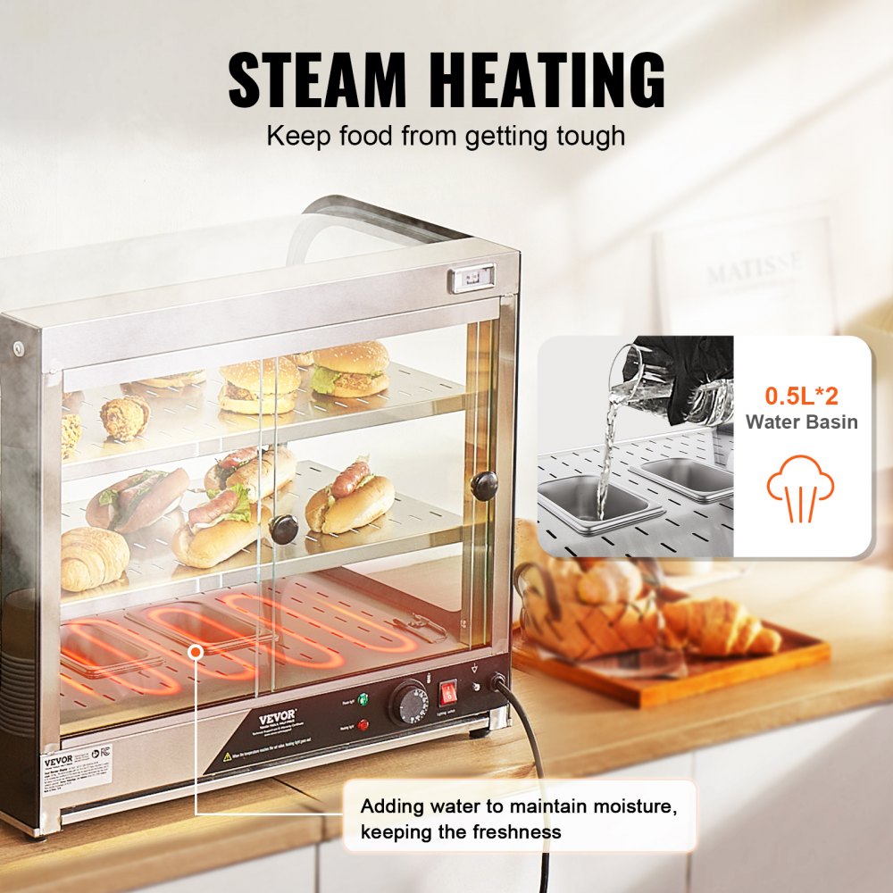 VEVOR 2-Tier Commercial Food Warmer Display, 850W Food Display Warmer w/ Tempered Glass and Steam Heating, 30℃~85℃ Temperature Control, 111L Large Capacity for Hamburger, Pizza, Bread, Fried Chicken