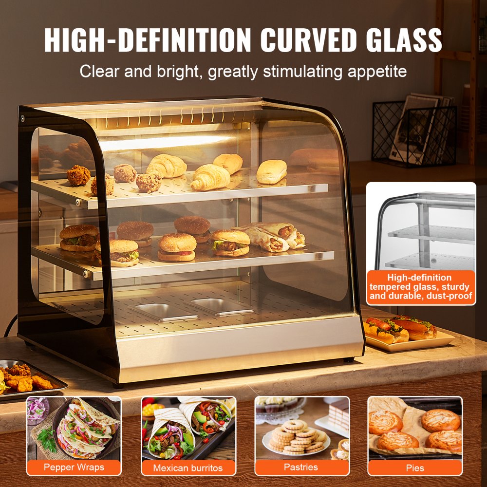 VEVOR 2-Tier Commercial Food Warmer Display, 850W Food Display Warmer w/ Tempered Glass and Steam Heating, 30℃~85℃ Temperature Control, 111L Large Capacity for Hamburger, Pizza, Bread, Fried Chicken