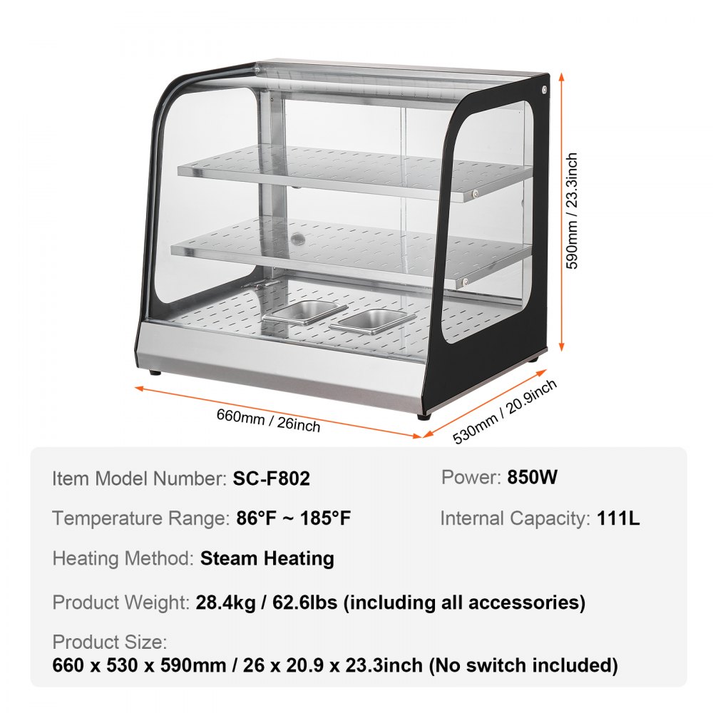 VEVOR 2-Tier Commercial Food Warmer Display, 850W Food Display Warmer w/ Tempered Glass and Steam Heating, 30℃~85℃ Temperature Control, 111L Large Capacity for Hamburger, Pizza, Bread, Fried Chicken