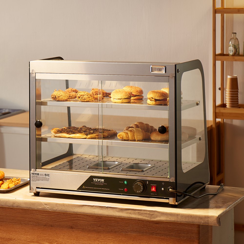 VEVOR 2-Tier Commercial Food Warmer Display, 850W Food Display Warmer w/ Tempered Glass and Steam Heating, 30℃~85℃ Temperature Control, 111L Large Capacity for Hamburger, Pizza, Bread, Fried Chicken