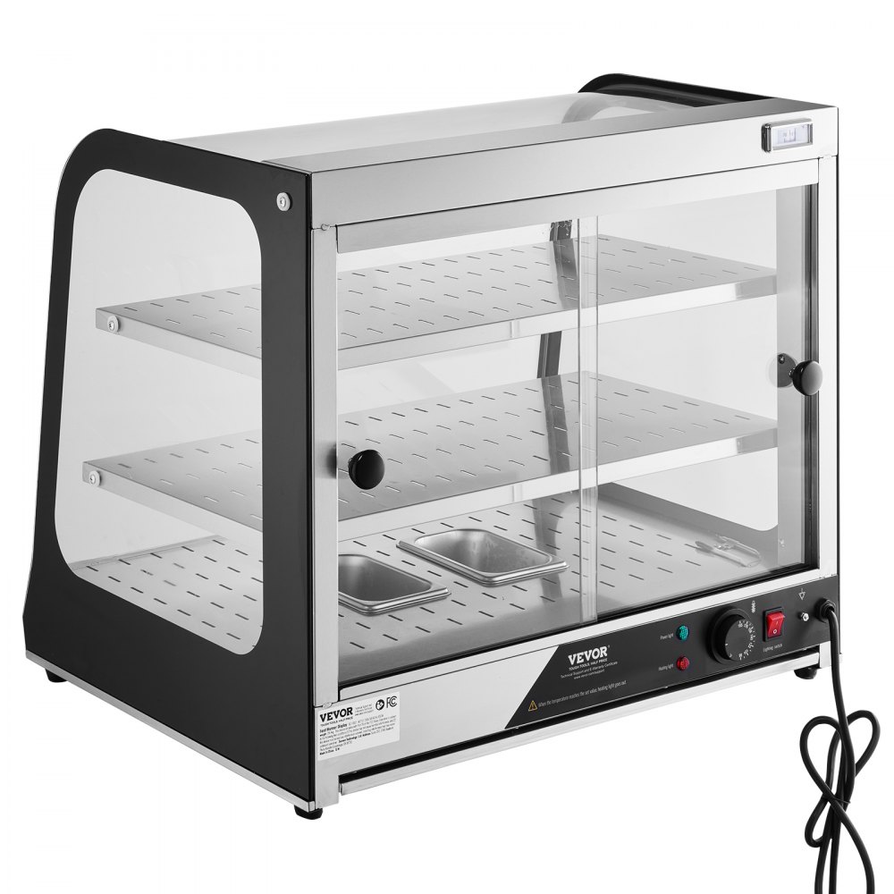 VEVOR 2-Tier Commercial Food Warmer Display, 850W Food Display Warmer w/ Tempered Glass and Steam Heating, 30℃~85℃ Temperature Control, 111L Large Capacity for Hamburger, Pizza, Bread, Fried Chicken