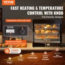 VEVOR Gabinete de pizza de encimera de exhibición de calentador de alimentos comercial de 3 niveles con luz