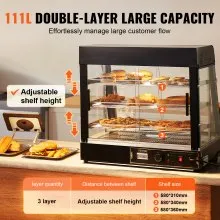 VEVOR Gabinete de pizza de encimera de exhibición de calentador de alimentos comercial de 3 niveles con luz