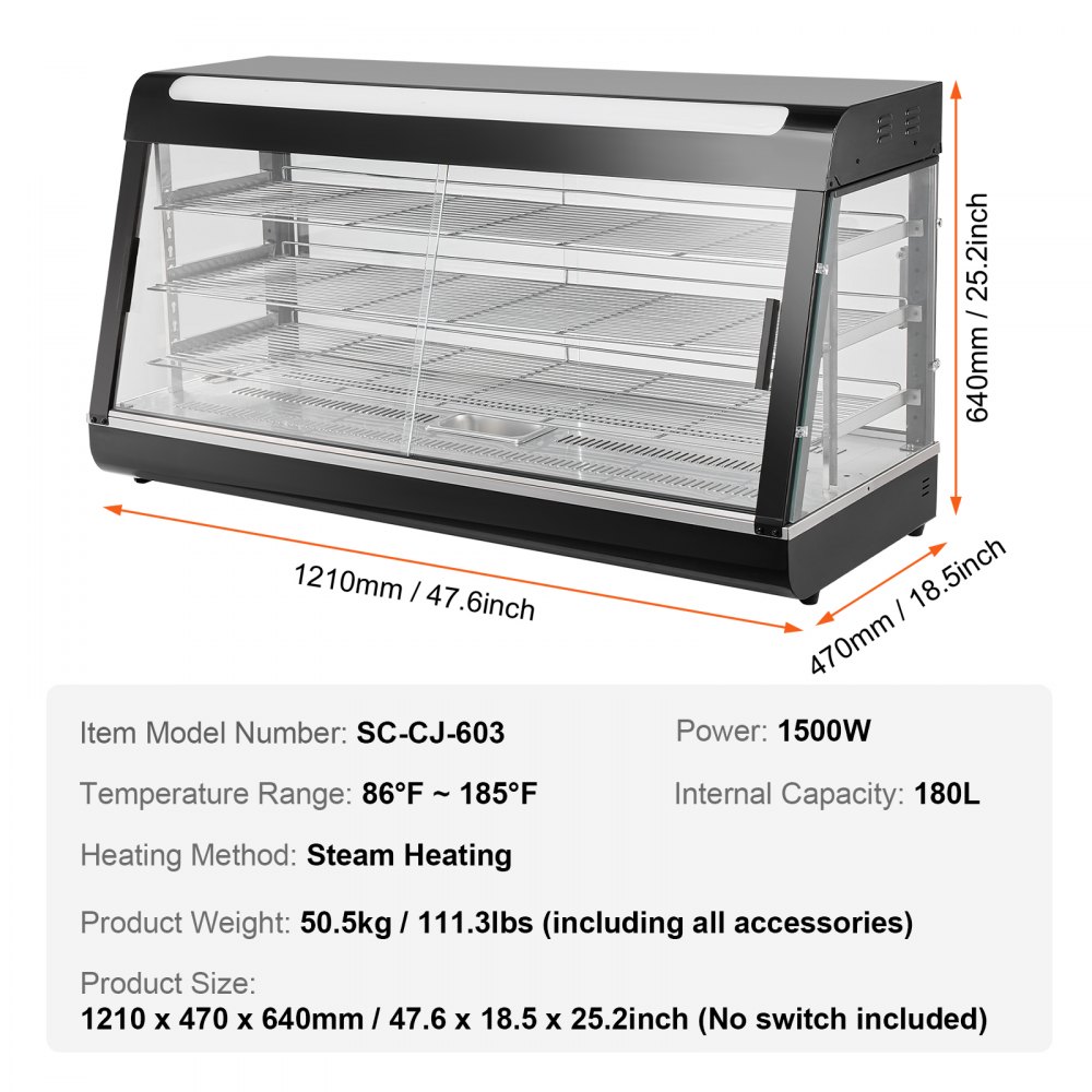 VEVOR 3-Tier Commercial Food Warmer Display, 1500W Food Display Warmer with Light, Adjustable Shelf and Temperature Display, 30℃~85℃ Steam Heating, 180L for Hamburger, Pizza, Bread, Fried Chicken
