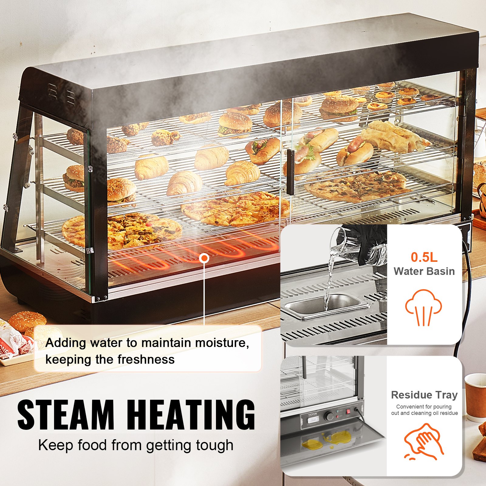VEVOR 3-Tier Commercial Food Warmer Display, 1500W Food Display Warmer with Light, Adjustable Shelf and Temperature Display, 30℃~85℃ Steam Heating, 180L for Hamburger, Pizza, Bread, Fried Chicken