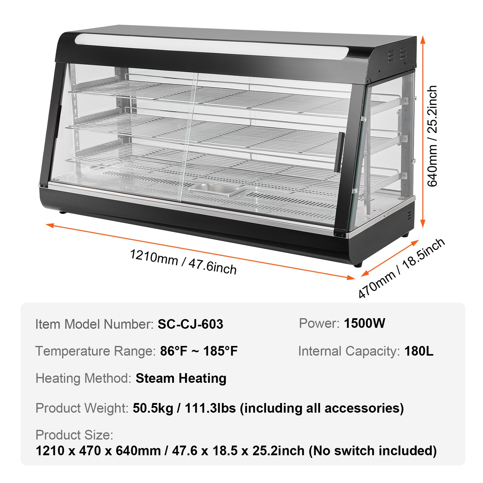 VEVOR 3-Tier Commercial Food Warmer Display, 1500W Food Display Warmer with Light, Adjustable Shelf and Temperature Display, 30℃~85℃ Steam Heating, 180L for Hamburger, Pizza, Bread, Fried Chicken