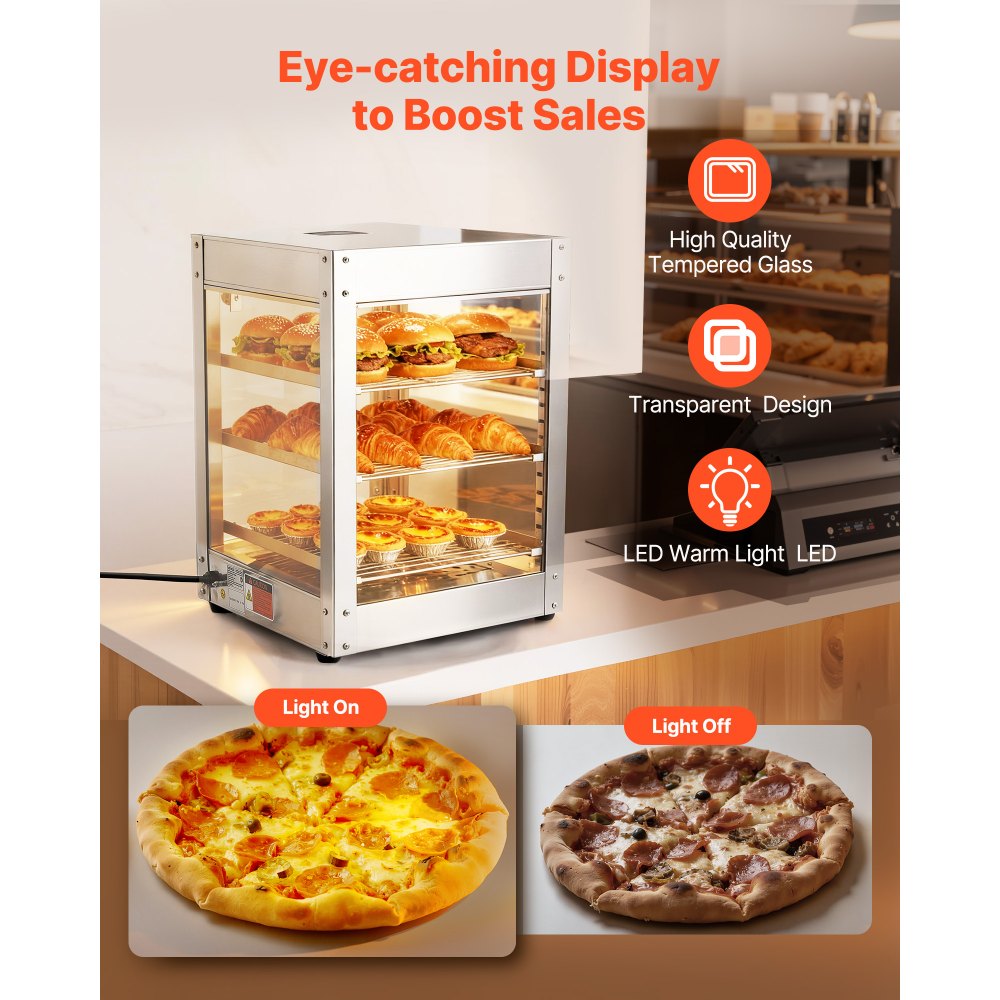 VEVOR 3-Tier Commercial Food Warmer Display, 800W Food Display Warmer with LED Light, Adjustable Shelf and Stainless Steel Frame, 86℉~185℉ Air Heating, 34L for Hamburger, Pizza, Bread, Fried Chicken