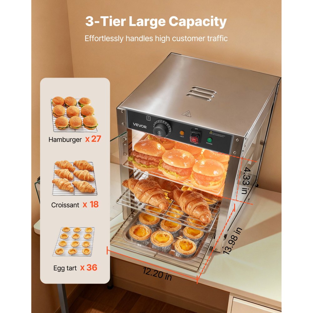 VEVOR 3-Tier Commercial Food Warmer Display, 800W Food Display Warmer with LED Light, Adjustable Shelf and Stainless Steel Frame, 86℉~185℉ Air Heating, 34L for Hamburger, Pizza, Bread, Fried Chicken