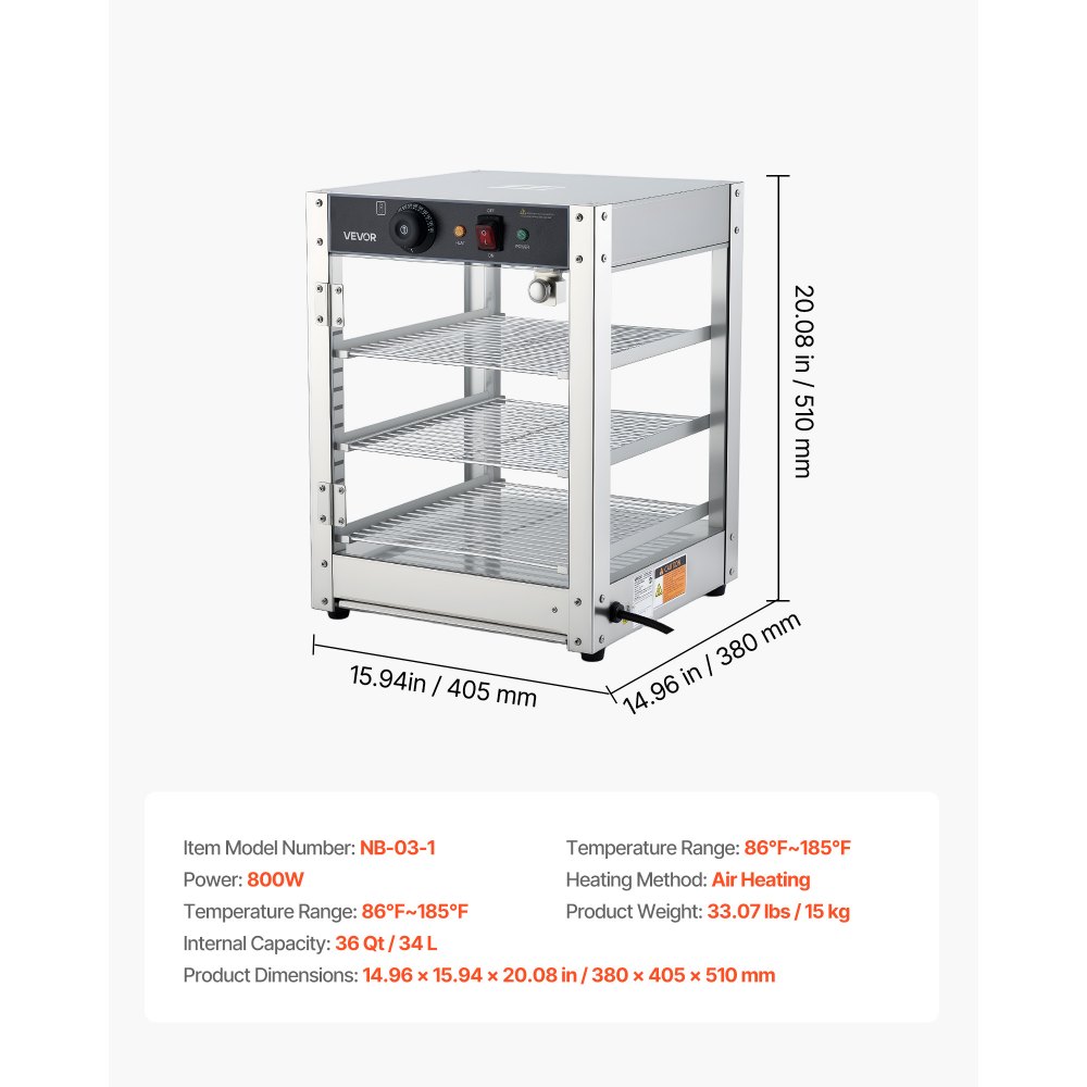 VEVOR 3-Tier Commercial Food Warmer Display, 800W Food Display Warmer with LED Light, Adjustable Shelf and Stainless Steel Frame, 86℉~185℉ Air Heating, 34L for Hamburger, Pizza, Bread, Fried Chicken