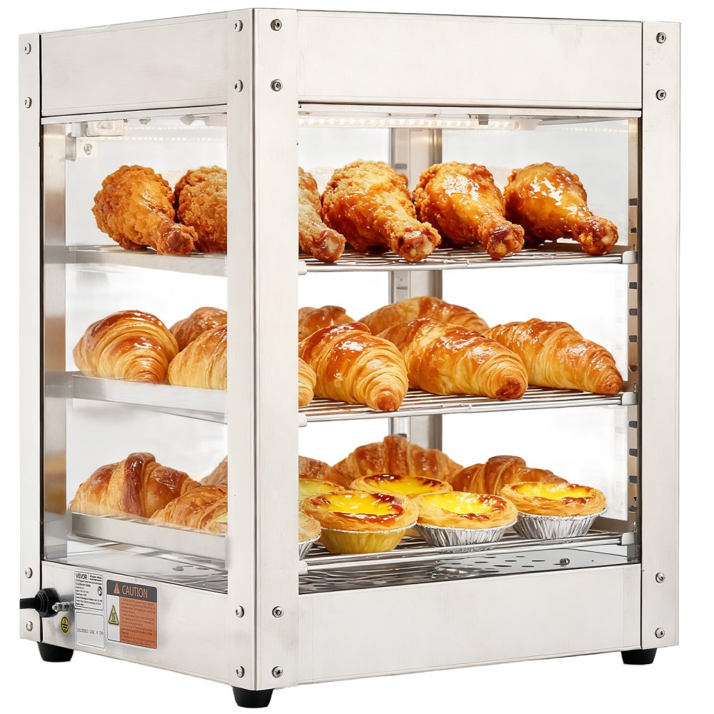 VEVOR 3-Tier Commercial Food Warmer Display, 800W Food Display Warmer with LED Light, Adjustable Shelf and Stainless Steel Frame, 86℉~185℉ Air Heating, 34L for Hamburger, Pizza, Bread, Fried Chicken