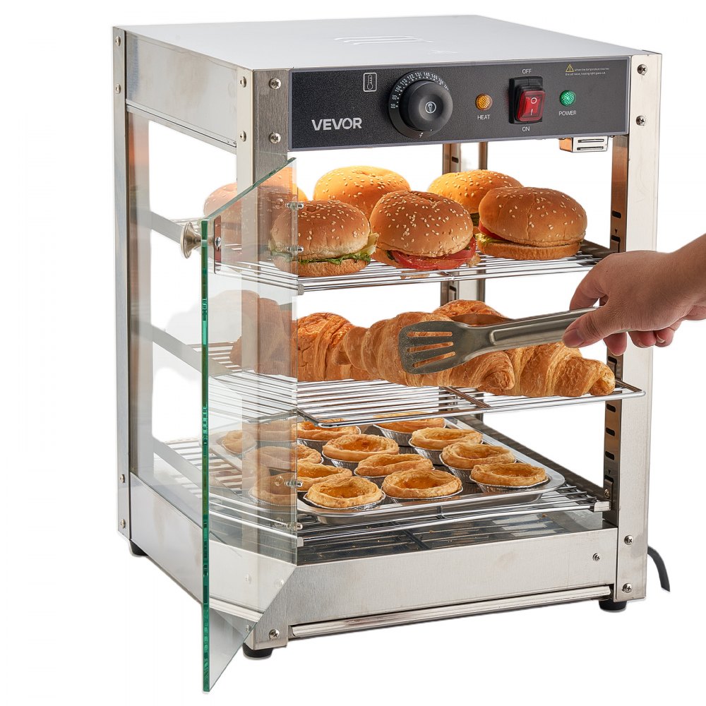VEVOR 3-Tier Commercial Food Warmer Display, 800W Food Display Warmer with LED Light, Adjustable Shelf and Stainless Steel Frame, 86℉~185℉ Air Heating, 34L for Hamburger, Pizza, Bread, Fried Chicken