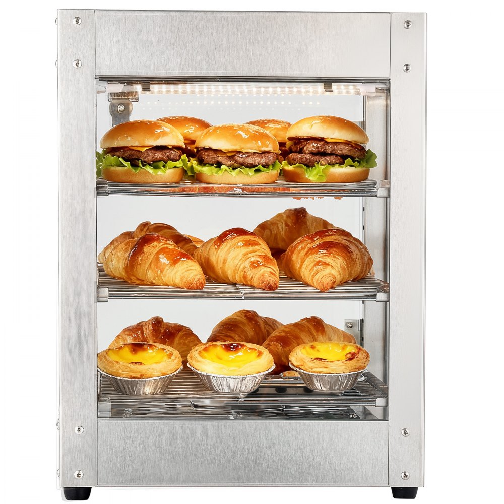 VEVOR 3-Tier Commercial Food Warmer Display, 800W Food Display Warmer with LED Light, Adjustable Shelf and Stainless Steel Frame, 86℉~185℉ Air Heating, 34L for Hamburger, Pizza, Bread, Fried Chicken