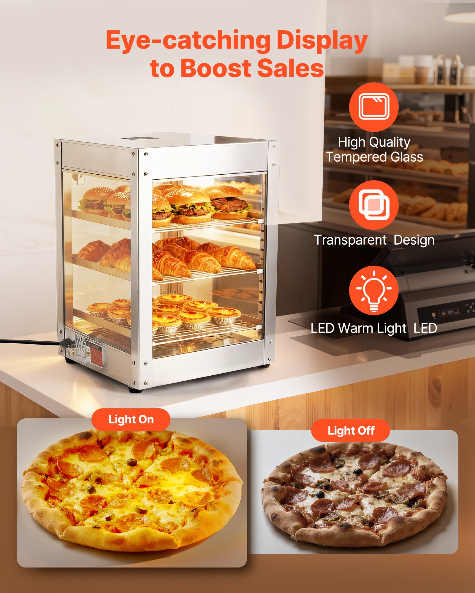 VEVOR 3-Tier Commercial Food Warmer Display, 800W Food Display Warmer with LED Light, Adjustable Shelf and Stainless Steel Frame, 86℉~185℉ Air Heating, 34L for Hamburger, Pizza, Bread, Fried Chicken