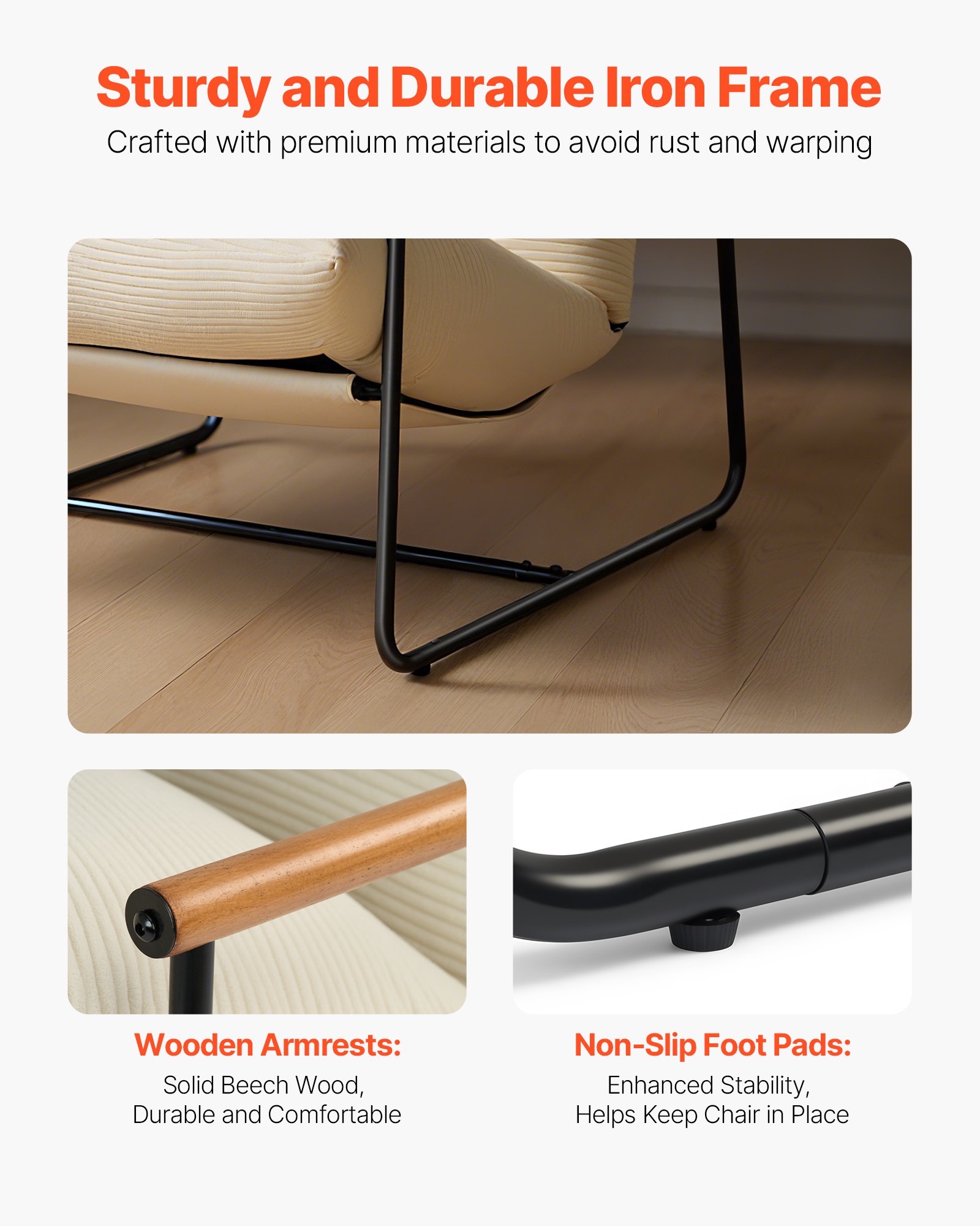 VEVOR Accent Chair, Metal Framed Chair with Wooden Armrests, Modern Cozy Upholstered Armchair, with Soft Foam Cushioning, Detachable Cushion, for Living Room, Bedroom, Reading Room, Office, Beige