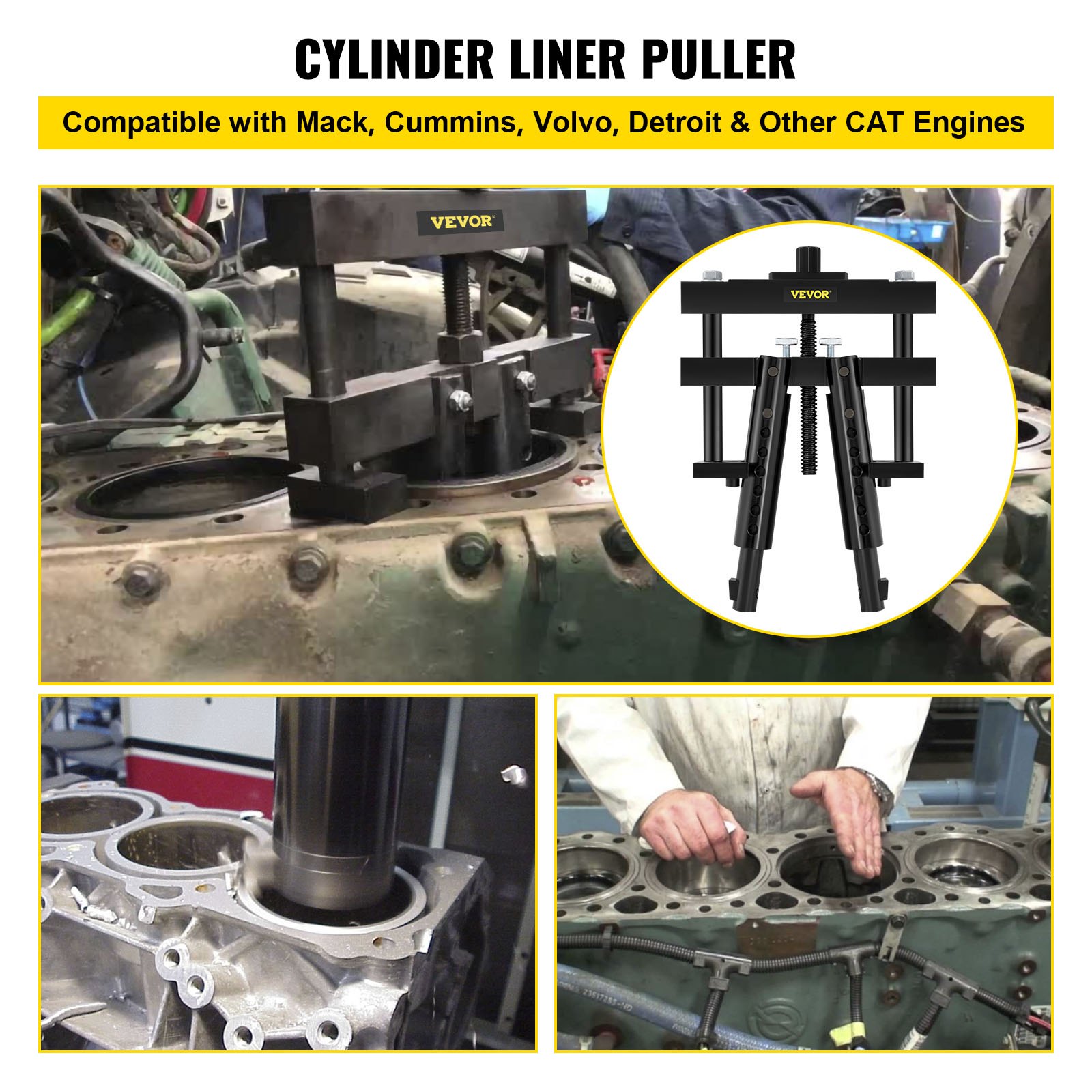 Extractor universal de camisas de cilindro VEVOR, compatible con Caterpillar, CAT, Mack y Cummins. Funciona en motores diésel de servicio pesado con camisas húmedas de 3-7/8" a 6-1/4". Reemplaza PT-6400-C, 3376015 y M50010-B.