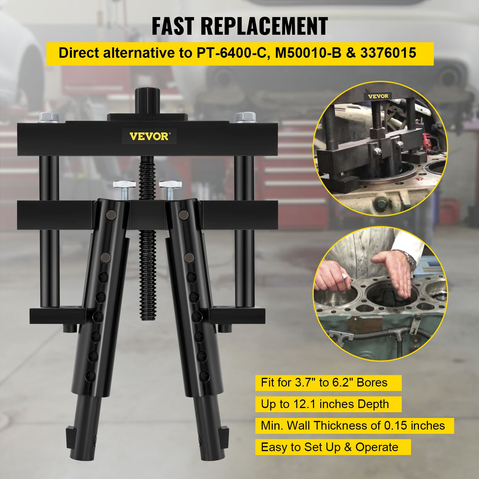 Extractor universal de camisas de cilindro VEVOR, compatible con Caterpillar, CAT, Mack y Cummins. Funciona en motores diésel de servicio pesado con camisas húmedas de 3-7/8" a 6-1/4". Reemplaza PT-6400-C, 3376015 y M50010-B.