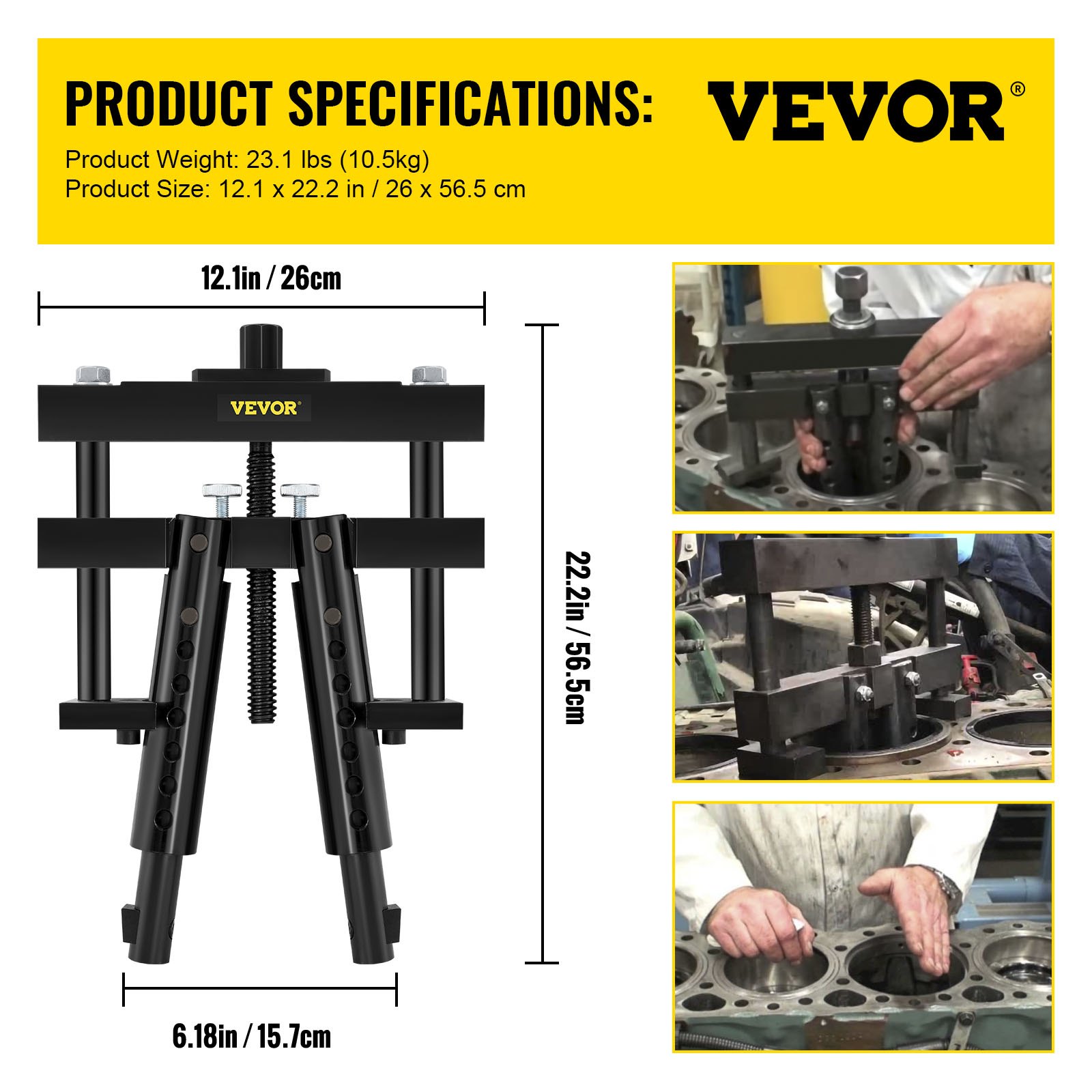 VEVOR cylinder liner puller with product specs and detailed visual applications.
