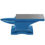 blue VEVOR anvil with polished steel top and horn.