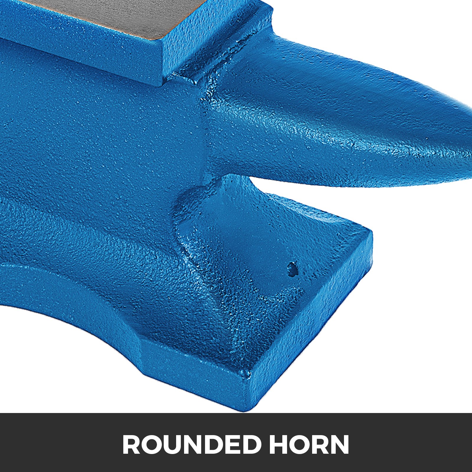 blue VEVOR anvil with a rounded horn shown in close-up.