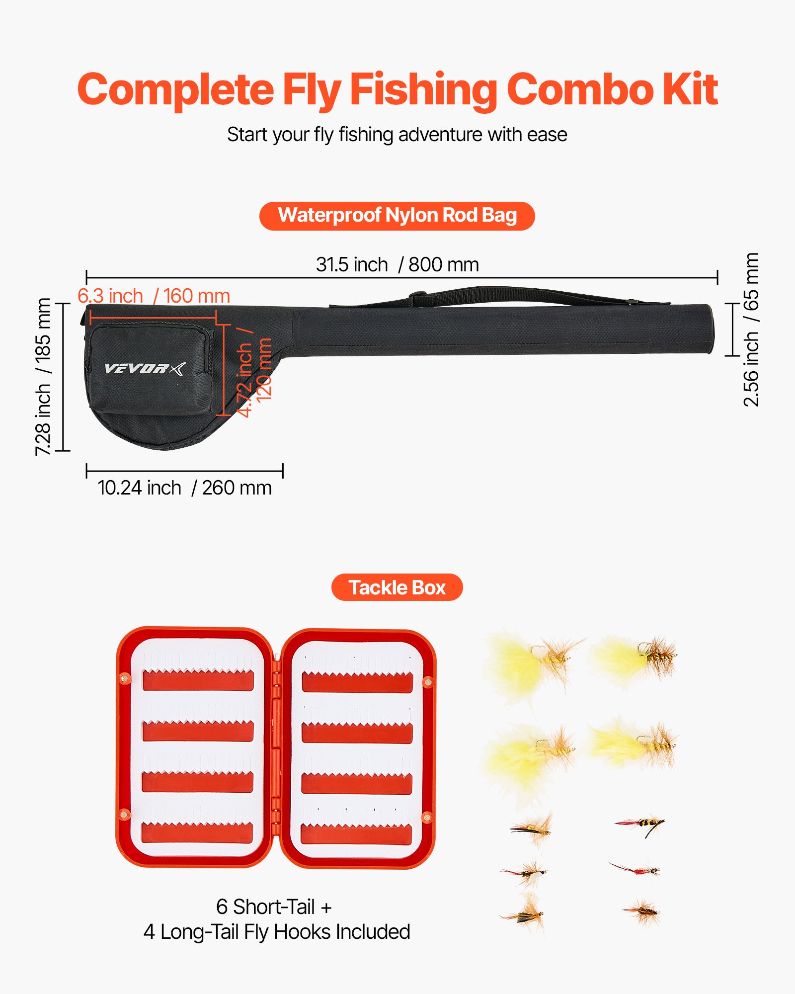 VEVOR Fly Fishing Combo Kit, IM7 Carbon Fly Fishing Rod and Reel Combo, Starter Fly Rod and Reel Outfit with Rod Bag, Tackle Box, 6 Short-Tail & 4 Long-Tail Fly Hooks, for Travel, Holiday Choice