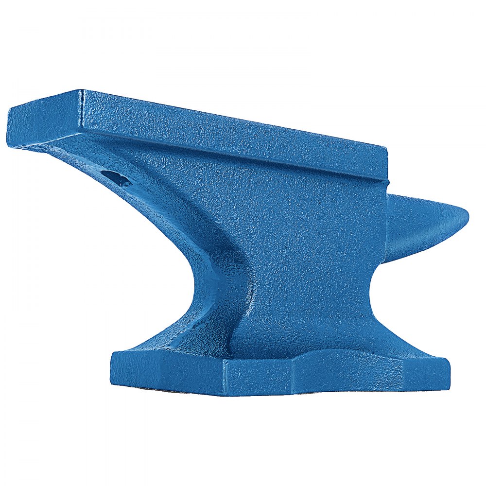 blue VEVOR blacksmith anvil with horn and flat top.