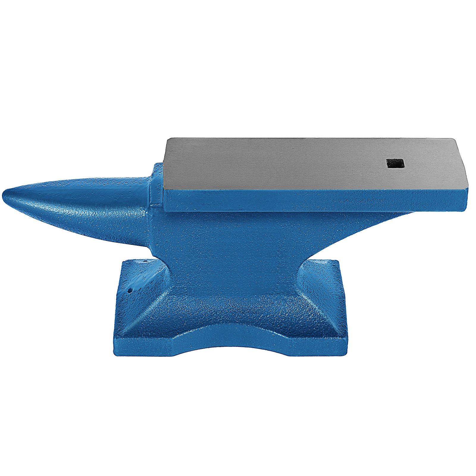 blue VEVOR blacksmith anvil with flat top and pointed horn.
