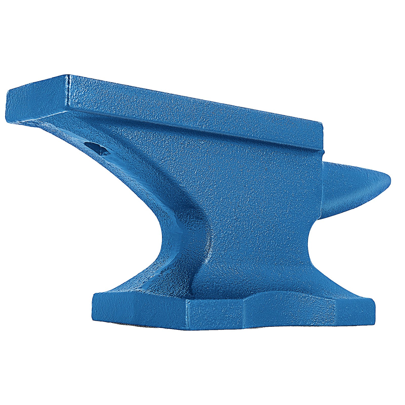 blue VEVOR blacksmith anvil with horn and flat top.