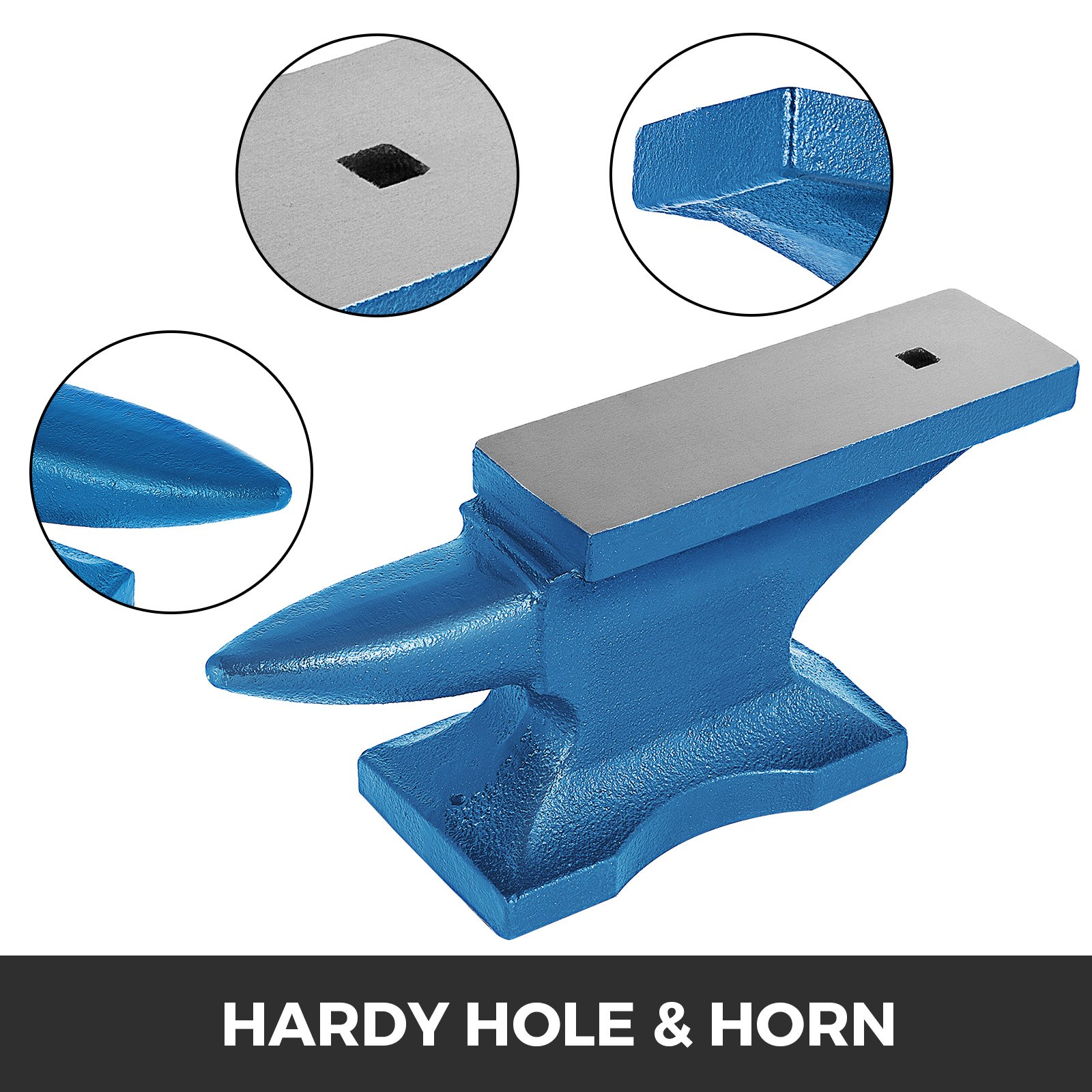 VEVOR blacksmith anvil with hardy hole and horn, close-up views included.