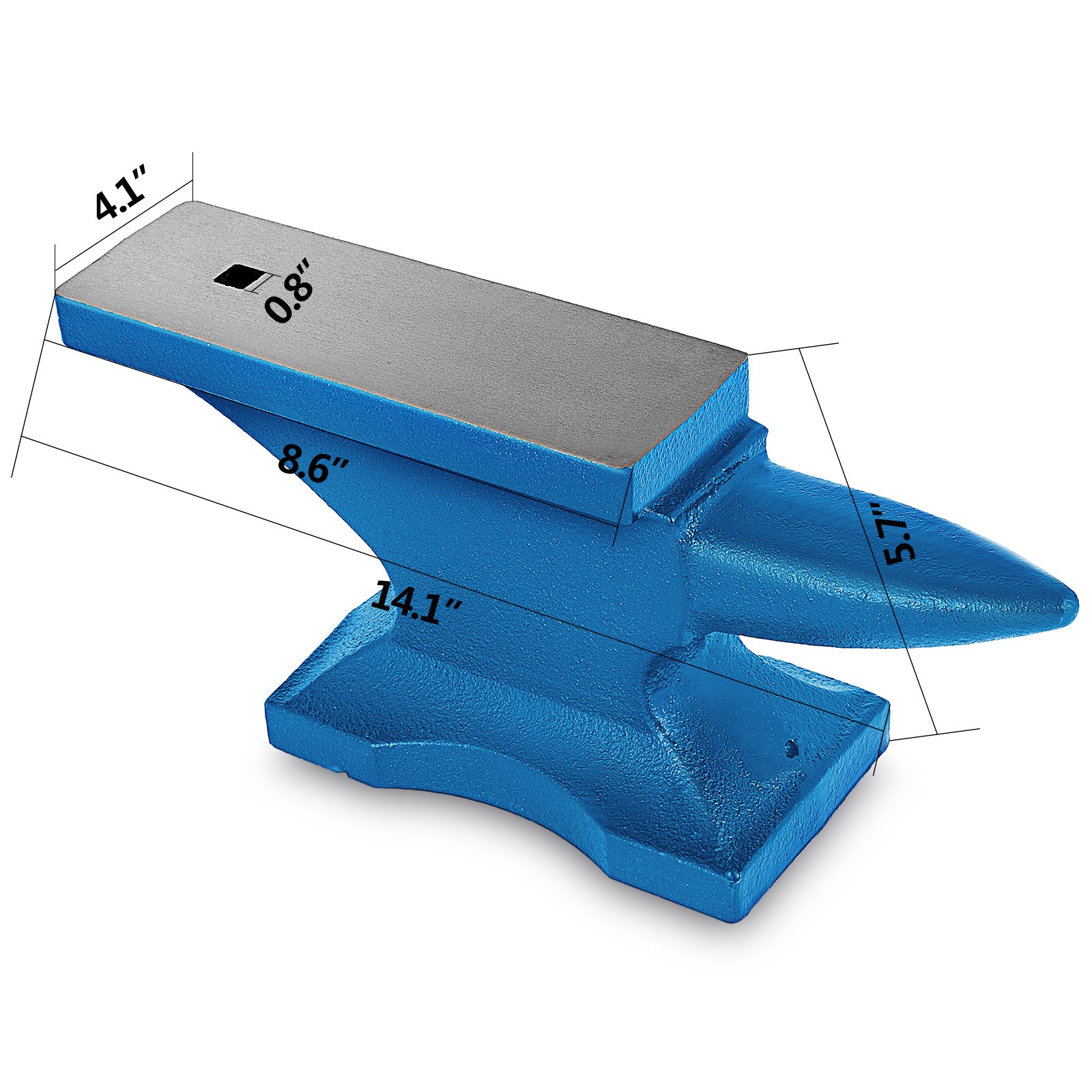 blue VEVOR single horn anvil showing product dimensions and structure.