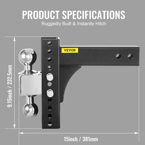 VEVOR Adjustable Trailer Hitch, 8" Rise & Drop Hitch Ball Mount 2.5" Receiver Solid Tube 22,000 LBS Rating, 2 and 2-5/16 Inch Stainless Steel Balls w/ Key Lock, for Automotive Trucks Trailers Towing