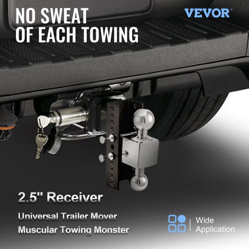 VEVOR Adjustable Trailer Hitch, 8" Rise & Drop Hitch Ball Mount 2.5" Receiver Solid Tube 22,000 LBS Rating, 2 and 2-5/16 Inch Stainless Steel Balls w/ Key Lock, for Automotive Trucks Trailers Towing