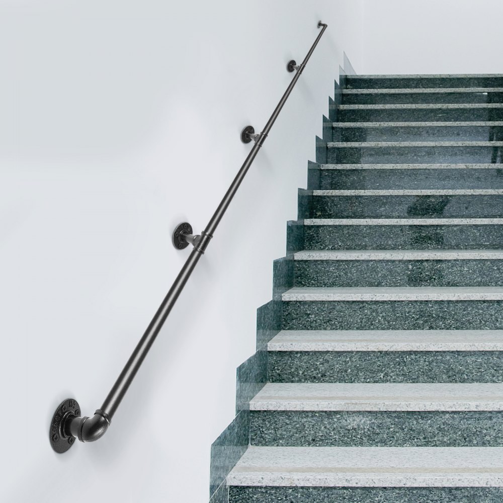 VEVOR Pipe Stair Handrail, 396.2 cm Staircase Handrail, 199.6 kg Load Capacity Carbon Steel Pipe Handrail, Industrial Pipe Handrail with Wall Mount Support, Round Corner Wall Handrailing for Indoor, Outdoor